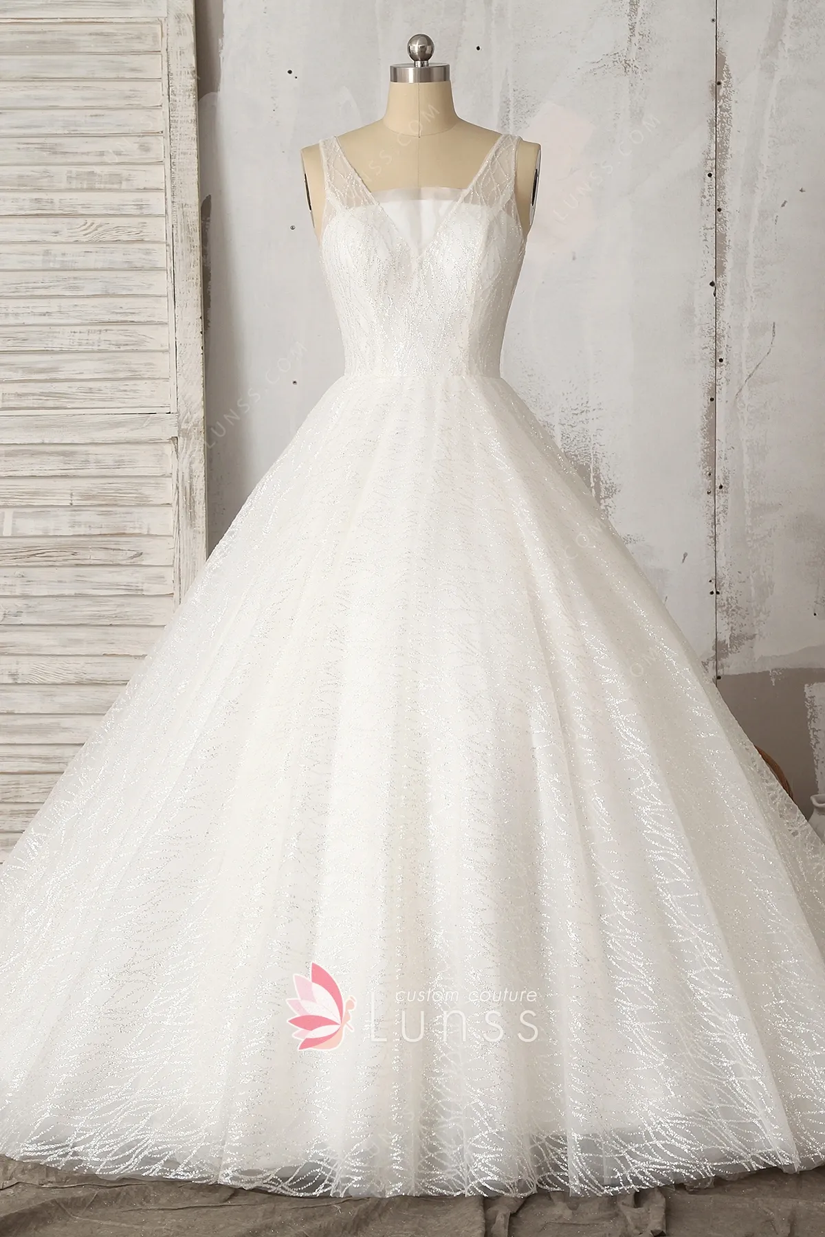 Sparkly Glitter Fabric Ivory Ball Gown 