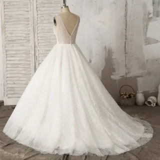 sparkly ivory glitter V back ball gown wedding dress