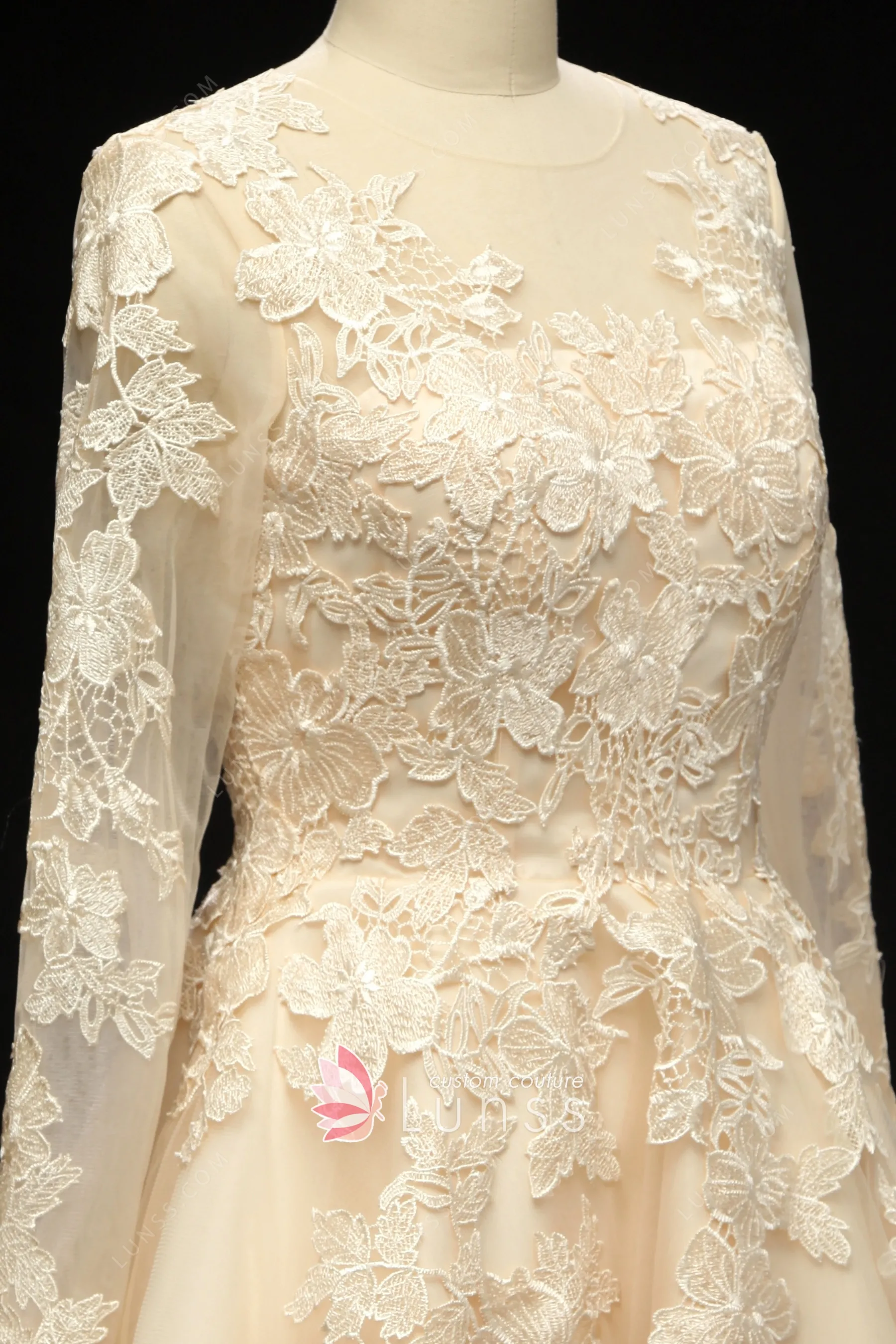 Illusion NECK Short Lace Wedding Gowns Champagne