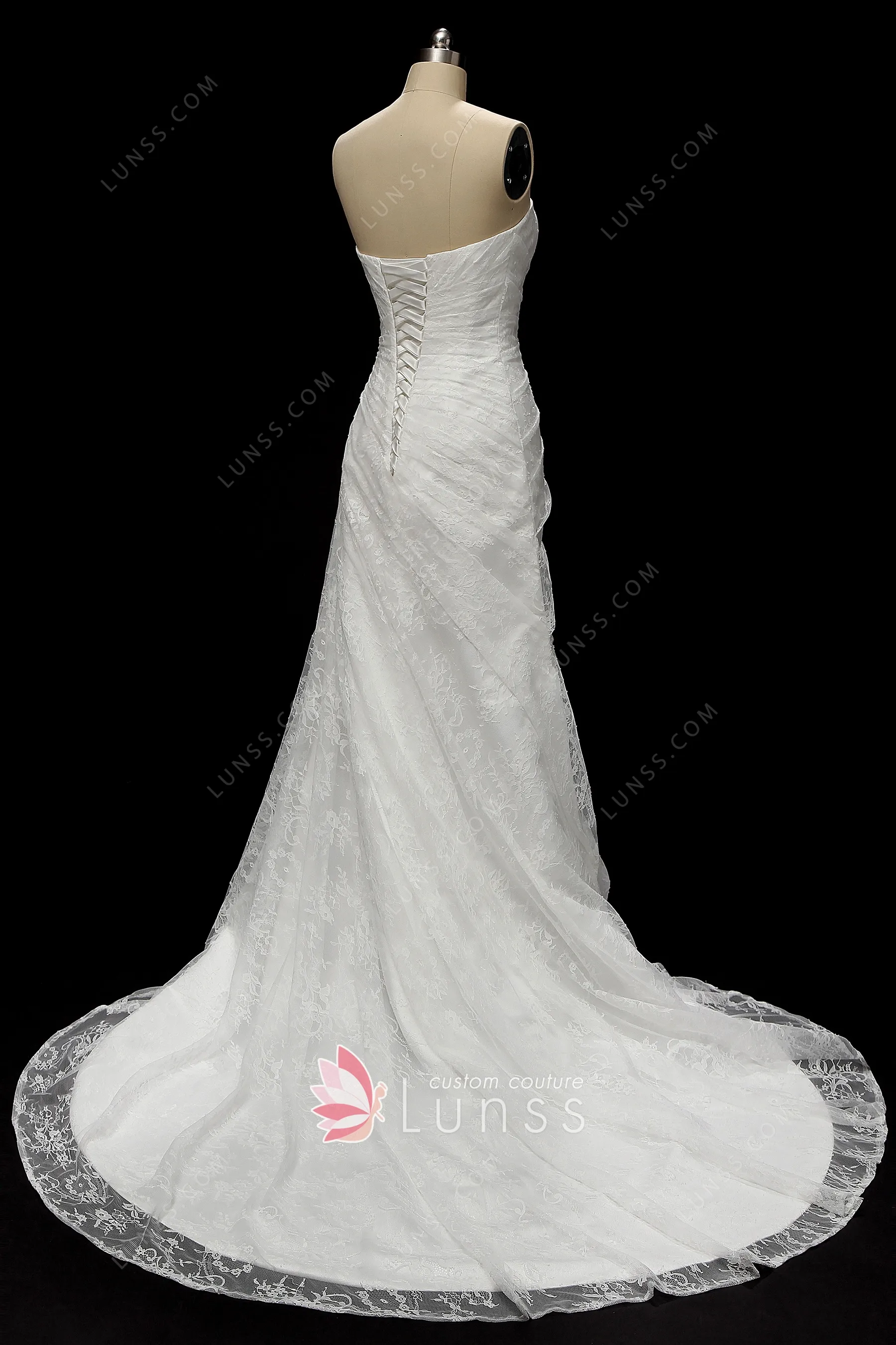 Strapless Sweetheart Ruched Lace A-line Wedding Dress - Lunss