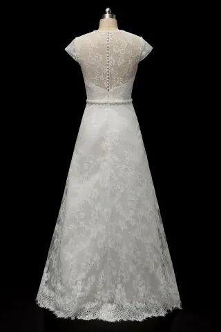 illusion lace back cap sleeve A line wedding dress