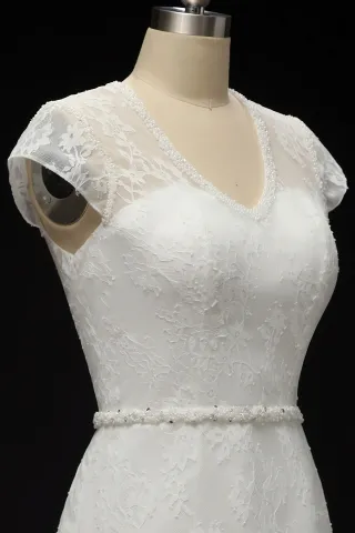 illusion pearled v neck cap sleeve lace wedding dress
