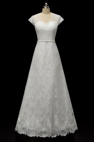 ivory lace cap sleeve pearled v neck vintage bridal dress