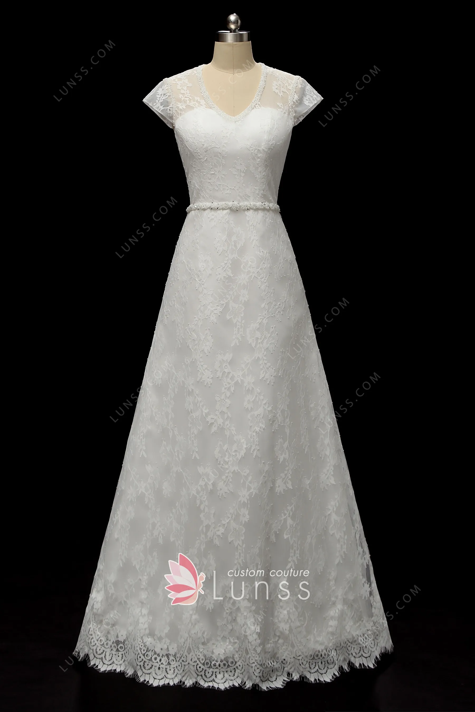 ivory lace cap sleeve pearled v neck vintage bridal dress