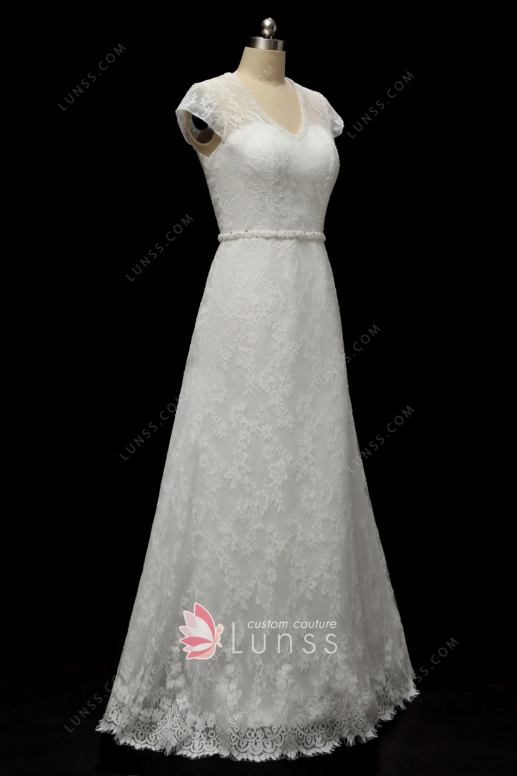 Ivory Lace Cap Sleeve Pearled Vneck Vintage Bridal Dress Lunss