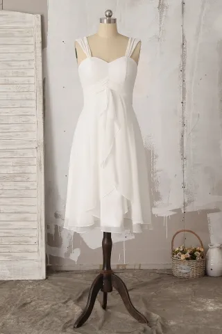 ruffled ivory chiffon wide straps short cute bridal dress