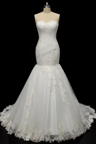 strapless lace and pleated tulle trumpet wedding dress