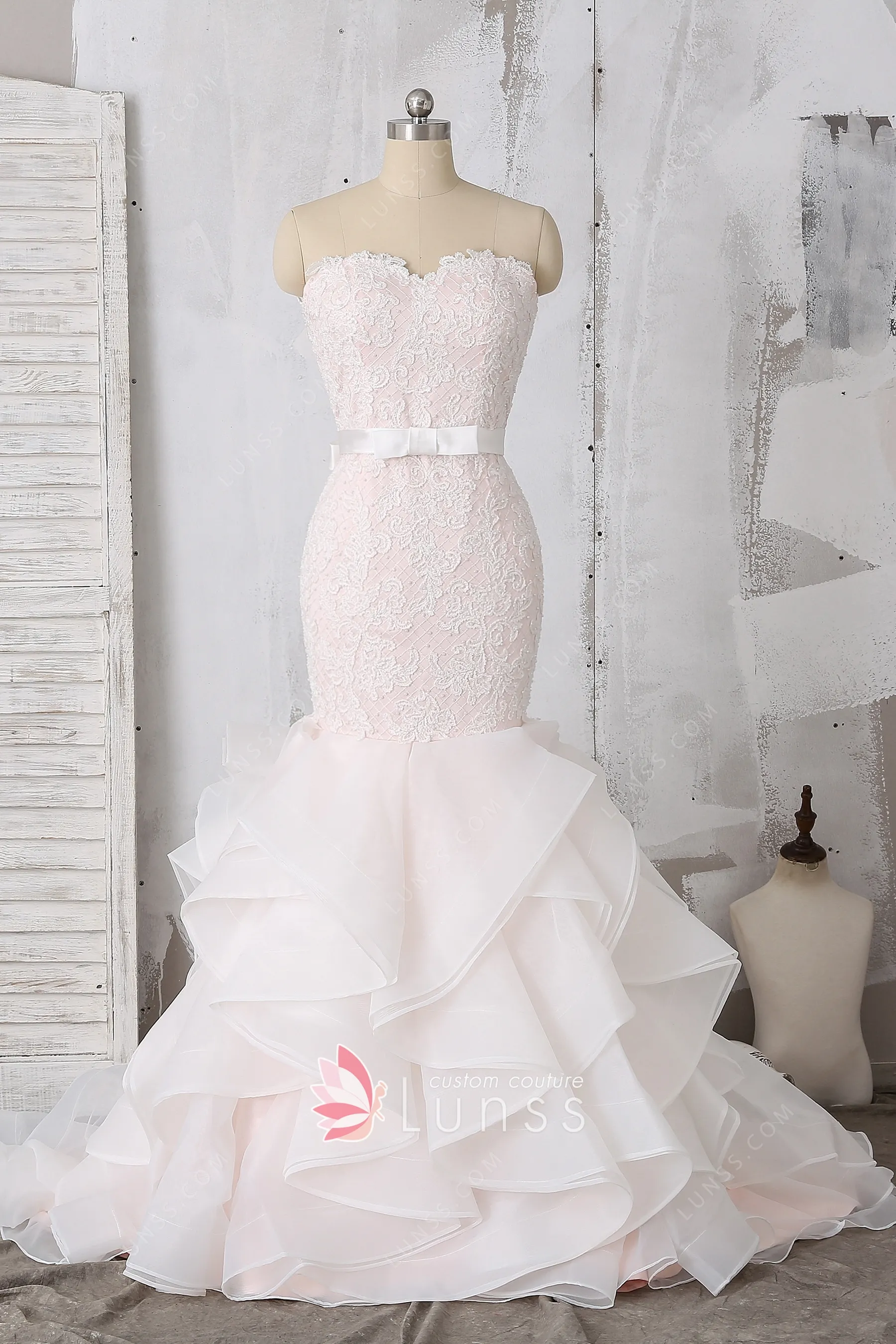 Christine Bleakley Vintage Plunging Lace Organza Trumpet wedding dress