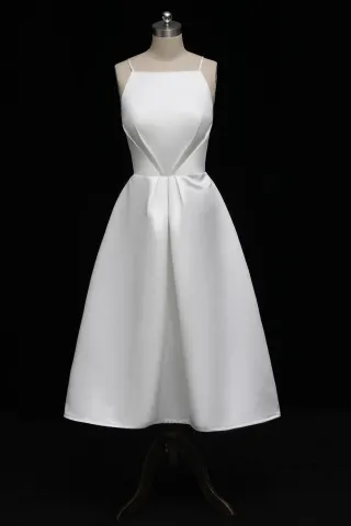 ivory draped satin tea length cool bridal dress