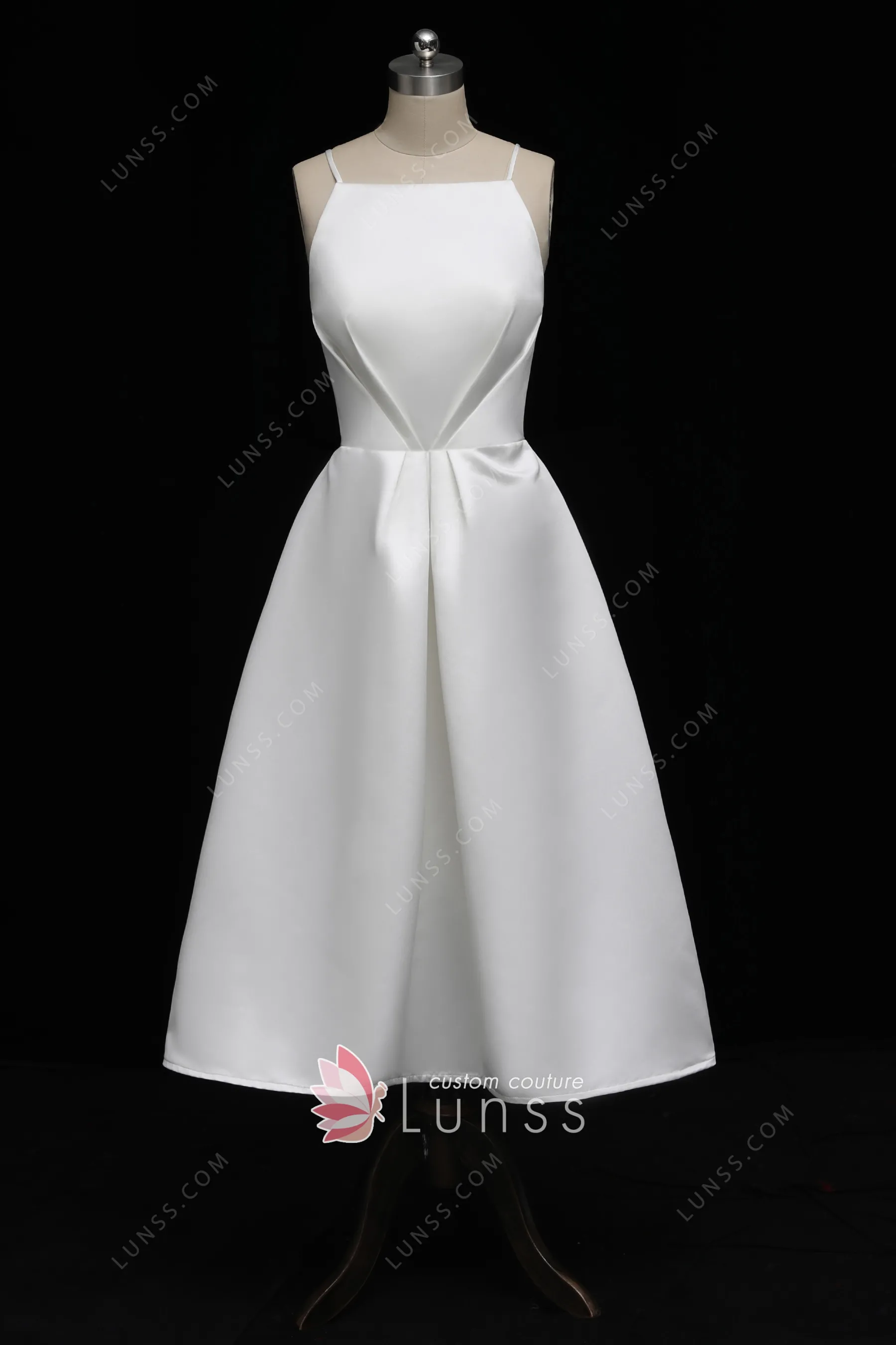 Ivory Draped Satin Tealength Cool Bridal Dress Lunss