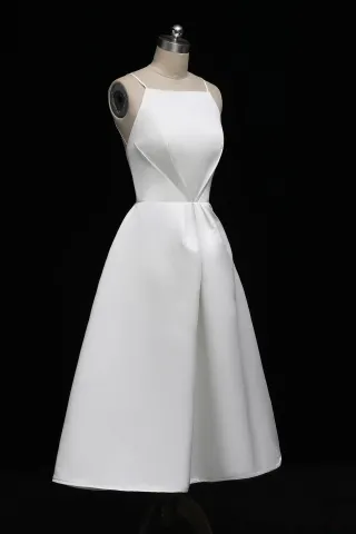 ivory satin tea length cool bridal dress