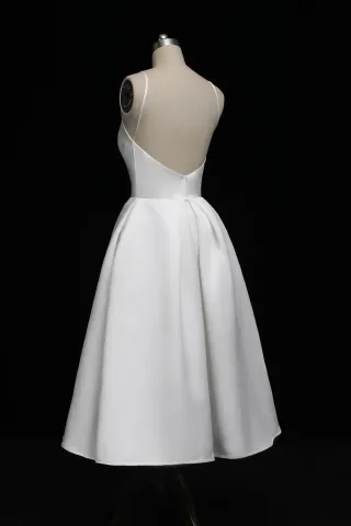 ivory spaghetti straps pleated satin low back tea length bridal dress