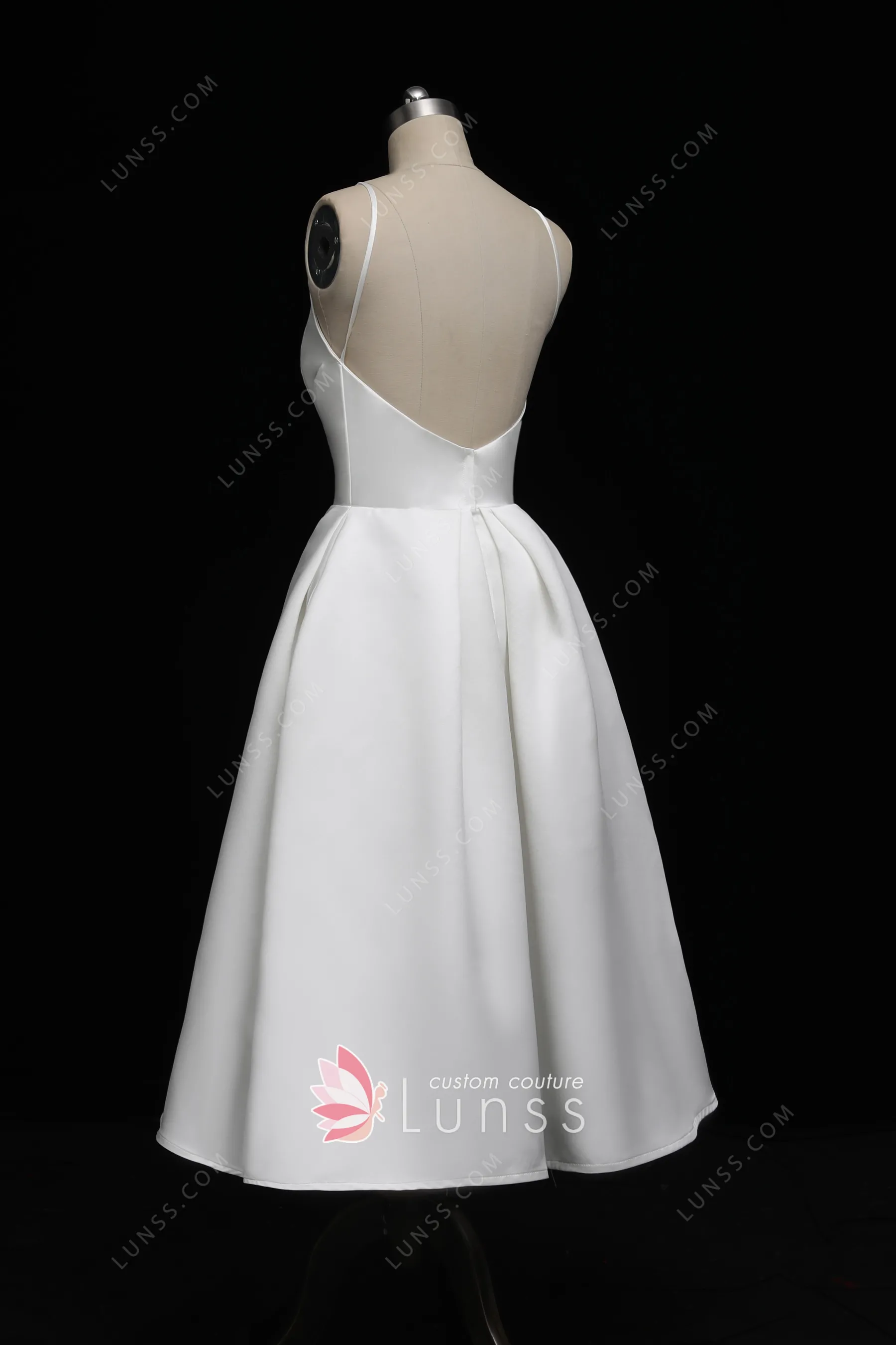 Ivory Straps Square Neckline Tea Length Wedding Guest Dress