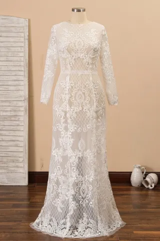 sexy illusion sheer lace tulle long sleeve bridal dress