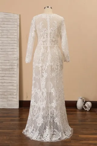 sheer lace long sleeve with closed back wedding dress