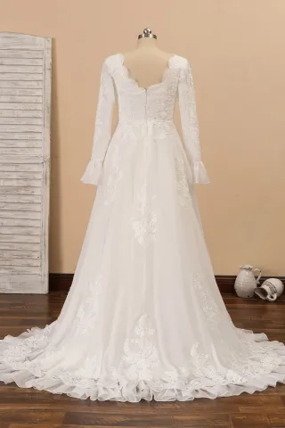 long sleeve lace and chiffon ruffled train wedding dress
