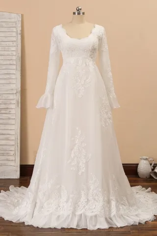 ruffled long sleeve empire waist scoop neck wedding dress