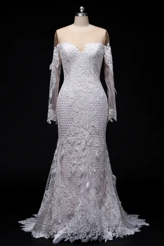 3d leaf lace long sleeve mermaid boho long wedding dress
