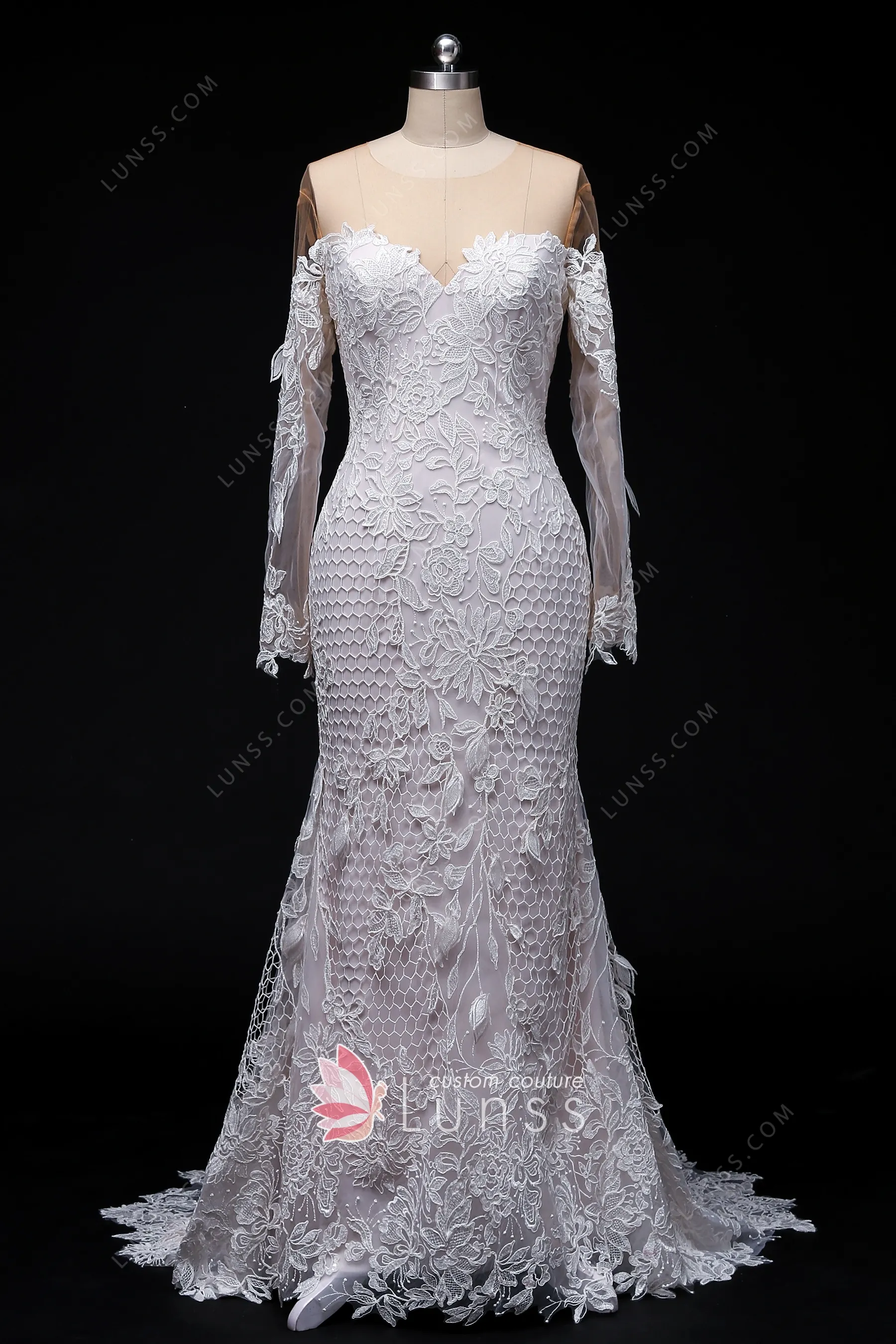 Vestidos de novia boho de encaje sirena con mangas largas Blanco Tallas Grandes