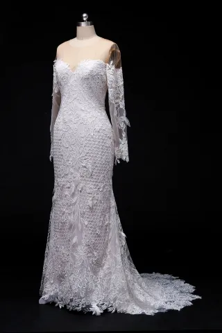 3d leaf lace long sleeve wedding dress