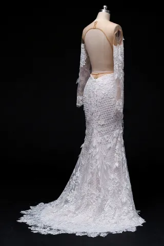 illusion long sleeve 3d leaf lace mermaid wedding dress