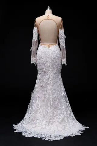 illusion open back mermaid 3d lace wedding dress