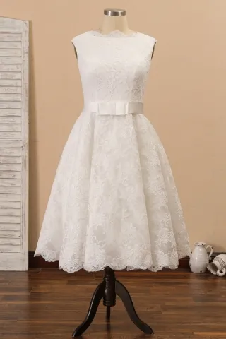 vintage scalloped ivory lace tea length wedding dress