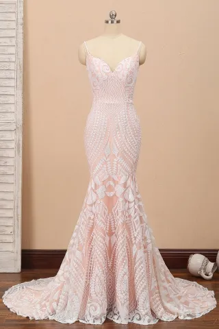 blush satin with unique white sequin mermaid prom dress
