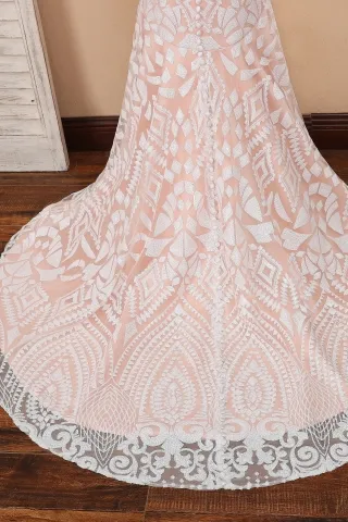 white sequin overlaid blush long train mermaid prom dress