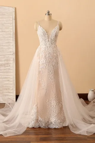 lace plunging neckline peach wedding dress with overskirt