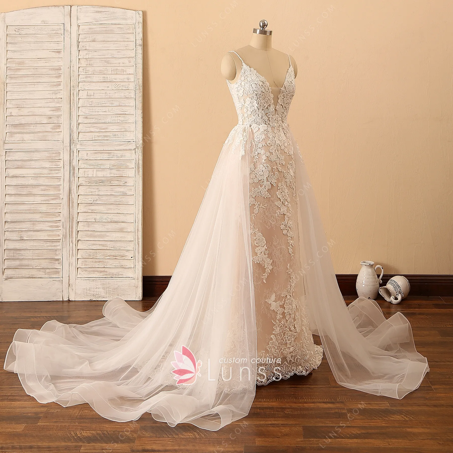 Lace Plunging Neckline Peach Wedding Dress with Overskirt Lunss