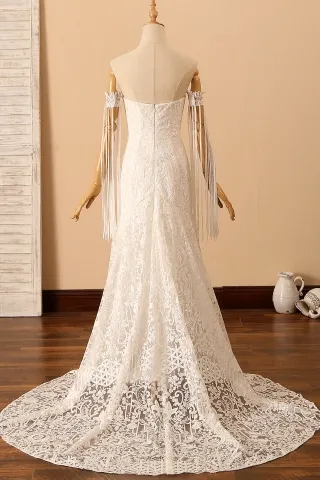 ivory geometric lace tassels sleeve fit and flare wedding dress