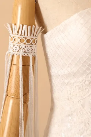 unique tassel sleeve lace wedding dress