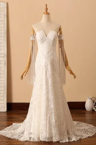 unique tassel sleeve sequined lace boho bridal dress
