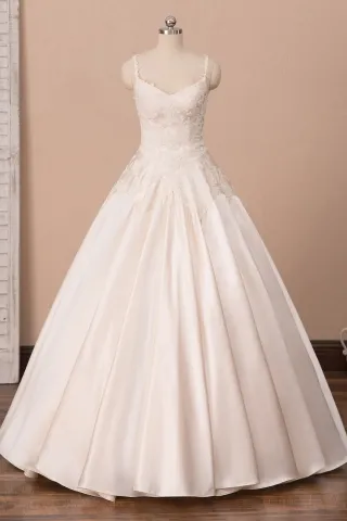 lace appliqued light champagne satin bridal ball gown