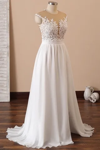 ivory lace and chiffon cap sleeve high slit A line boho wedding gown