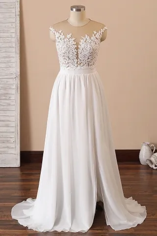 sequinned sheer lace and chiffon slit boho wedding dress