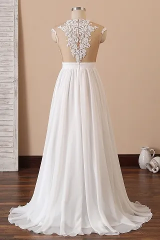 sheer lace and chiffon cap sleeve A line court train boho bridal dress
