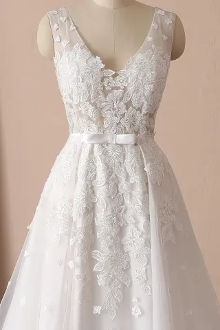 lace appliqued sheer V neck wedding dress