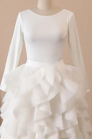 ivory jersey jewel neck long sleeve wedding gown