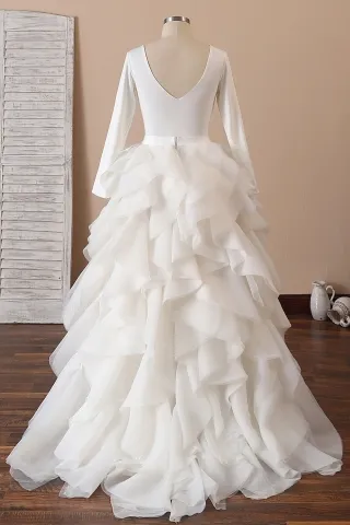 long sleeve V back ruffled organza long bridal dress