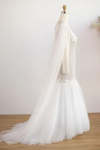 beaded lace sheer long sleeve trumpet wedding dress with cape