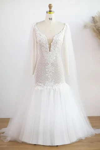 ivory beaded lace sheer long sleeve trumpet wedding dress with cape