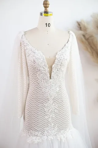 ivory beaded lace sheer long sleeves wedding dress with cape