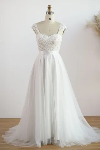 classic beaded queen anne neckline a line wedding dress