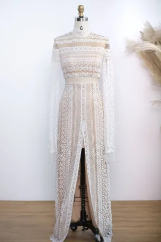 sheer lace pearl sleeve two piece slit bridal dress