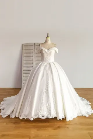 luxury glitter lace cathedral train wedding ball gown
