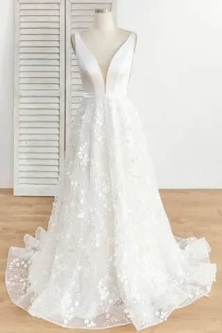 sexy plunging neckline satin and flower lace bridal dress