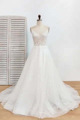 sparkly glitter beading lace v neck a line wedding gown