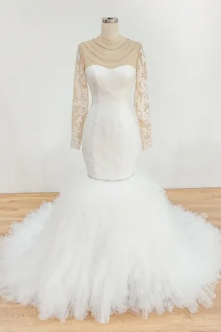 pearled beaded neck ruffled tulle trumpet wedding gown